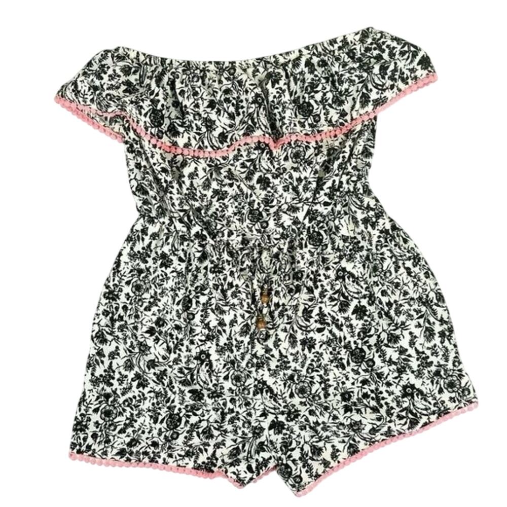 Rewind Romper Women's Size M Black/White Floral Print Pink Trim